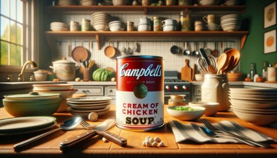 Can of cream of chicken soup sits on a table surrounded by kitchen supplies