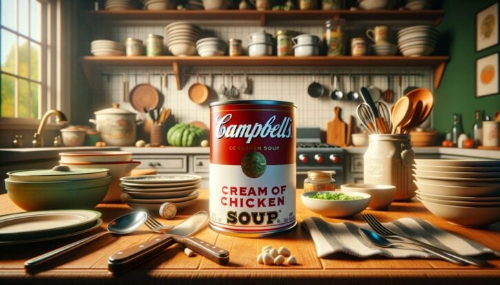 Can of cream of chicken soup sits on a table surrounded by kitchen supplies