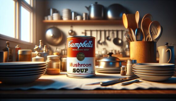 A can of cream of mushroom soup surrounded by dishes