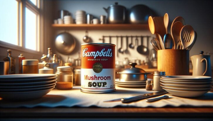 A can of cream of mushroom soup surrounded by dishes