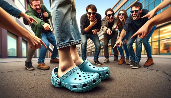 AI-generated image of people laughing at Crocs