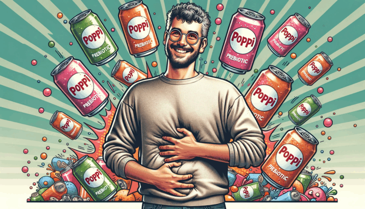 An AI-generated image of a man with curly hair, glasses and a beard is surrounded by cans of Poppi prebiotic soda in many flavors.