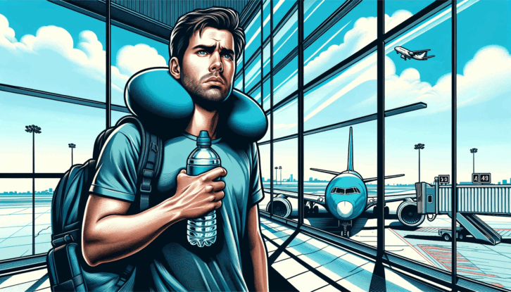 A graphic illustration of a Caucasian man in his 30s, holding a bottle of water and a neck pillow at the airport. He appears distressed and anxious. Behind him, massive windows reveal a clear view of a plane on the tarmac, emphasizing the airp