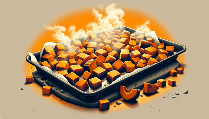 An AI-generated illustration showing a cookie sheet filled with cubed butternut squash that has just been removed from the oven.