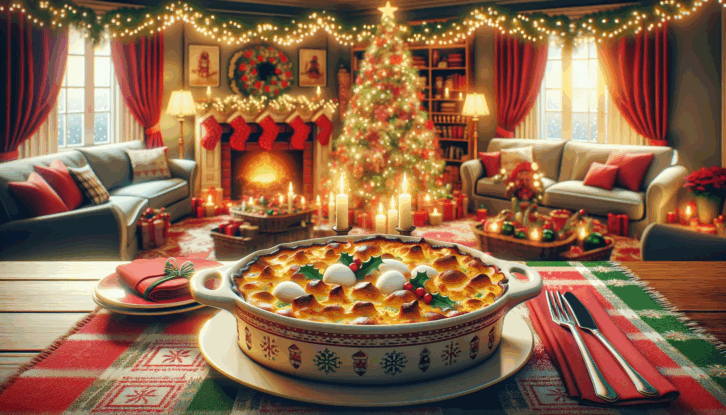 AI-generated illustration of a Christmas breakfast casserole served on a table. The casserole is steaming hot and looks inviting. The table is festively decorated, featuring elements like a red and green tablecloth, Christmas-themed napkins, and candles.