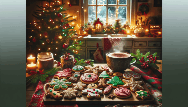 An AI-generated illustration of a cozy, warmly lit kitchen on a cold winter's evening. The scene features a wooden table covered in a festive red and green tablecloth and an assortment of vegan cookies.