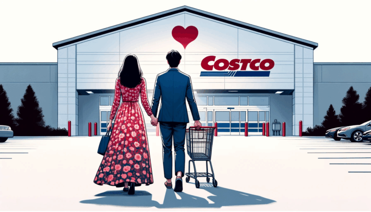 A wide illustration of a couple from the back, walking hand in hand towards a Costco entrance