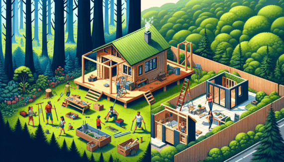 An AI-generated illustration of two groups of people building two cabins. One is large and in the forest; the other is smaller and more modular and is built on a foundation. Trees and greenery surround both cabins.