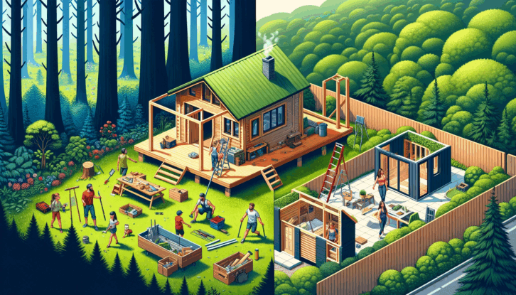 An AI-generated illustration of two groups of people building two cabins. One is large and in the forest; the other is smaller and more modular and is built on a foundation. Trees and greenery surround both cabins.
