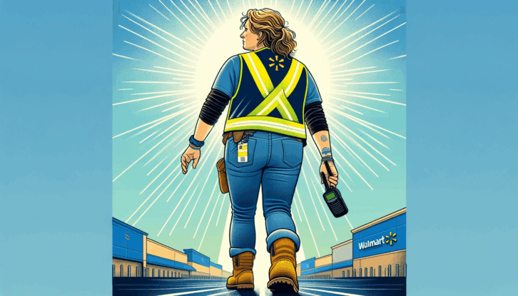 A wide illustration of a woman of average body size, shown from the back as she leaves a Walmart store. She is wearing brown work boots, jeans, a blue and black long sleeve t-shirt, and a neon yellow reflective vest.