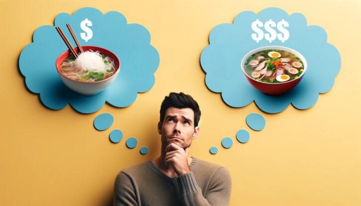 An image of man with two thought bubbles. In each is a bowl of Vietnamese pho. One is simple and shows a price tag of one $; the other is fancier and shows $$$.