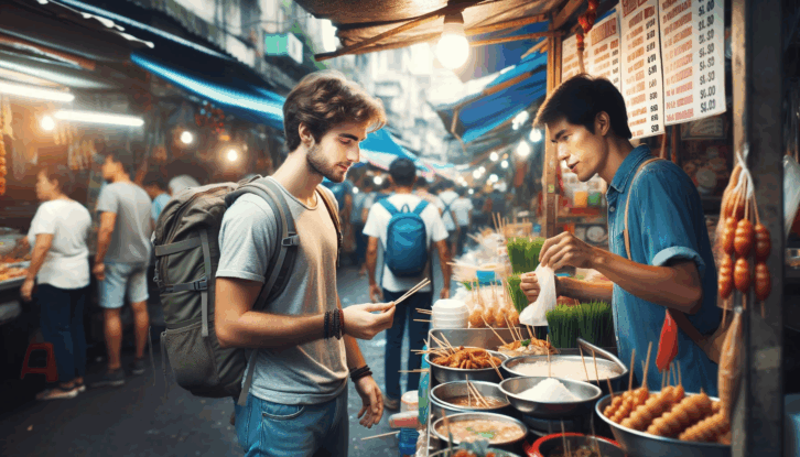 A wide image of a young, male traveler ordering food from an inexpensive street vendor