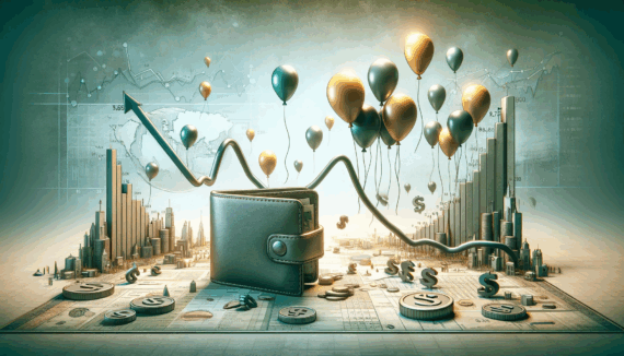 A AI-generated image using a wallet, graphs, and baloons showing the concept of deflation, or inflated prices finally going down.