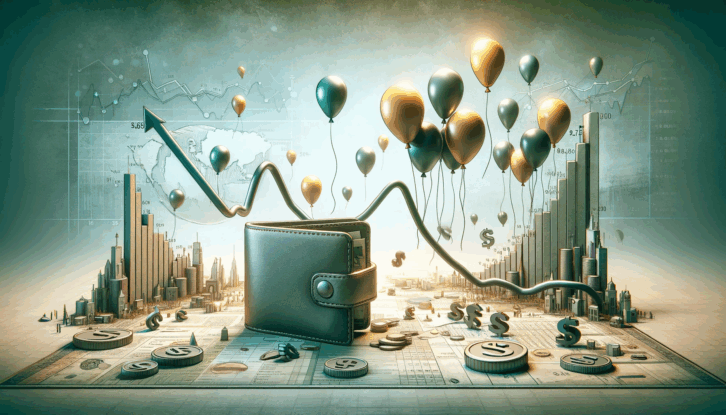 A AI-generated image using a wallet, graphs, and baloons showing the concept of deflation, or inflated prices finally going down.