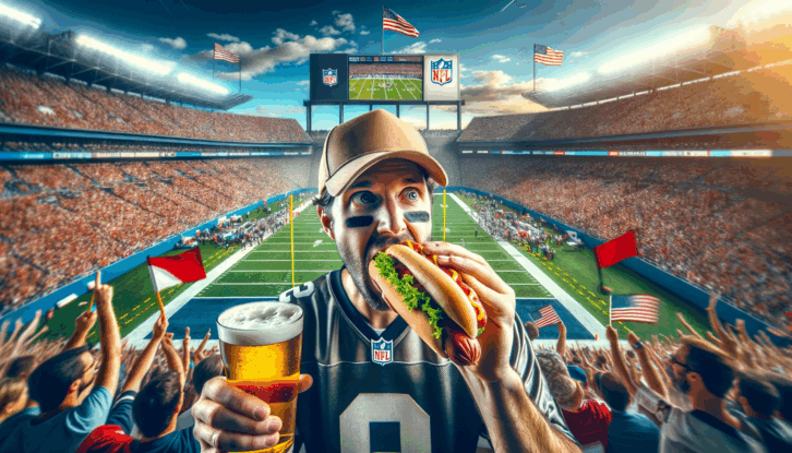 An AI-generated image of an NFL fan who's got the stadium behind him while he gets ready to sink into a beer and hotdog.