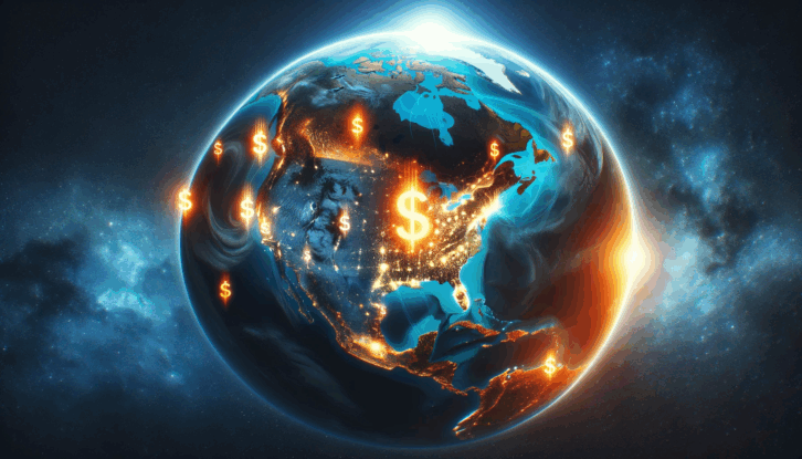 An AI-generated image showing Earth from space. The planet is shown in a realistic style, with continents and oceans visible. The glowing regions are highlighted in a way that suggests economic activity and prosperity.
