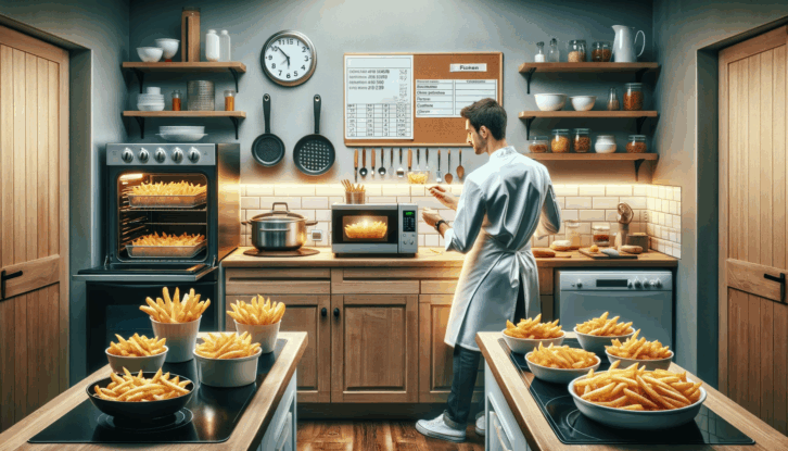 An AI-generated image showing a scene in a test kitchen, where a person is experimenting with different methods to reheat French fries.