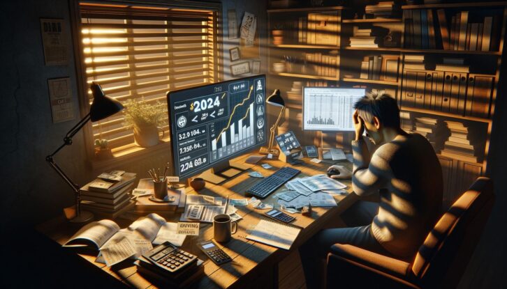 An AI-generated image of an individual planning their personal finances for 2024 and making poor decisions. The scene is in a cozy yet disorganized home study.
