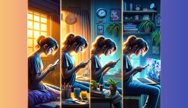 An AI-generated image of a teenage girl using her phone at different points during the day, from morning until night.