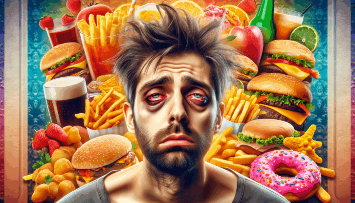 A wide image showing a man clearly hungover in the forefront. Illustration of a man, his appearance is disheveled, with tousled hair, tired eyes, and an expression of discomort