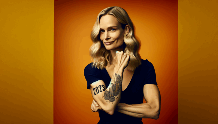 An AI-generated image of an attractive blond woman with a subtle smile. She is flexing both biceps, and one of her biceps prominently features a tattoo with the number '2023'.