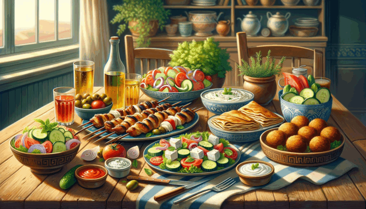 realistic illustration of a variety of Greek foods on a casual wood dining room table, including Chicken Souvlaki, Spanakopita, greek salad, Tzatziki, falafel