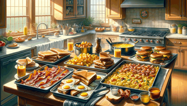 AI-generated  illustration of a home kitchen table with several sheet pans each containing a different sheet pan breakfasts of pancakes, bacon hashbrowns and egg casserole, french toast