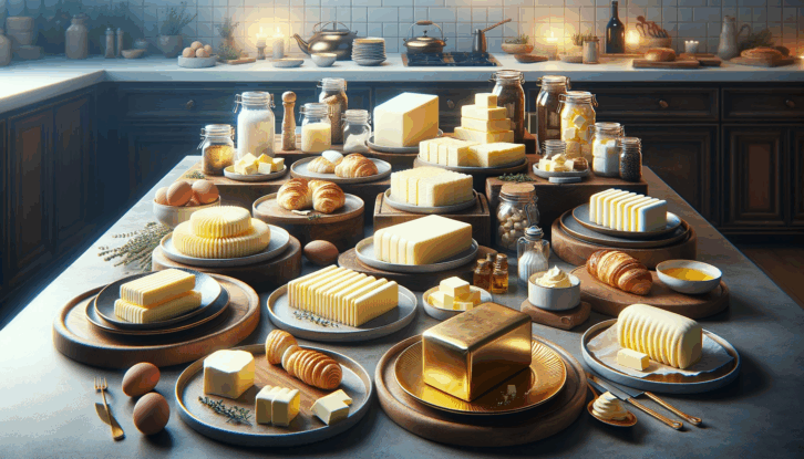 An AI-generated image showcasing a kitchen counter as the setting, with the focal point being several different types of butter, each displayed on butter dishes.