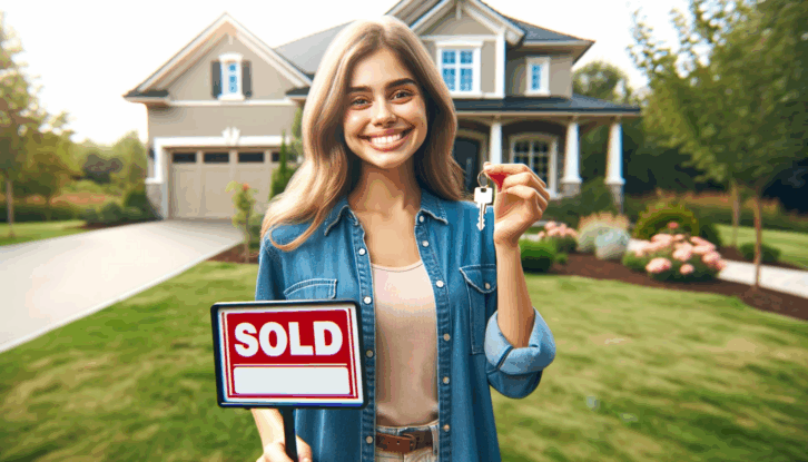 An AI-generated image of a cheerful young woman in her early 20s, symbolizing the Gen Z generation. She's standing outside a beautiful home, holding a new set of keys in her hand, signifying her recent purchase of the home.