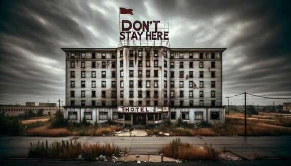 An AI-generated image of a run down hotel with a huge sing on top that reads "Don't Stay Here."