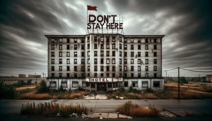 An AI-generated image of a run down hotel with a huge sing on top that reads "Don't Stay Here."