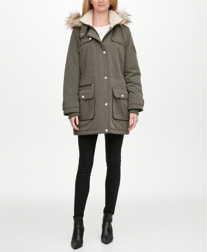 DKNY Faux-Fur Trim Hooded Water-Resistant Anorak Coat