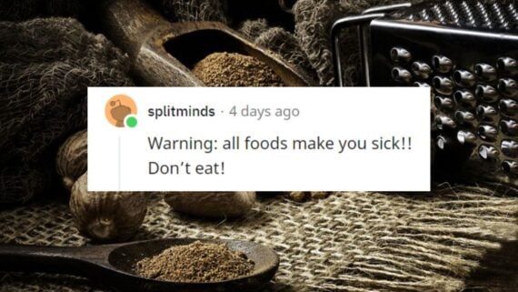 Reddit screenshot over Close-up of whole nut and nutmeg powder in a wooden spoon with  on burlap and rustic table