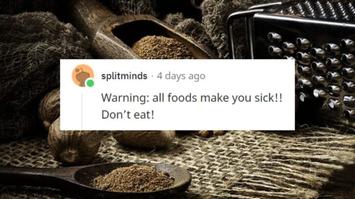 Reddit screenshot over Close-up of whole nut and nutmeg powder in a wooden spoon with  on burlap and rustic table