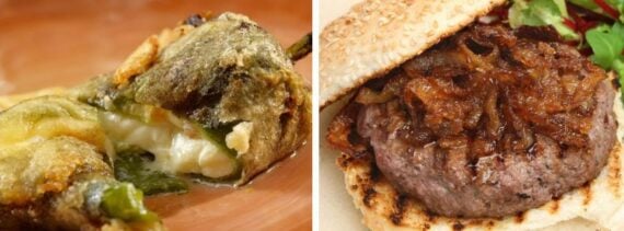 a chile relleno, a burger with onion jam
