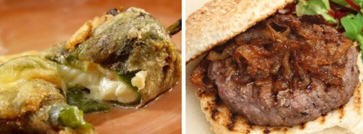 a chile relleno, a burger with onion jam