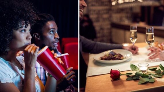 A couple in a movie theater, and another image of a couple dining at a restaurant