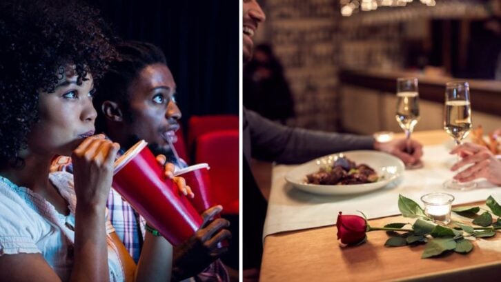 A couple in a movie theater, and another image of a couple dining at a restaurant