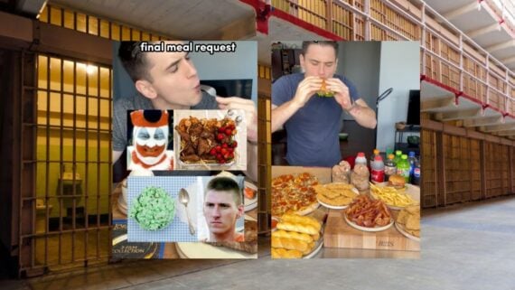 Tiktoker eating death row last meals with background of Rows of locked prison cells, Alcatraz, San Francisco, California. Bonus: ghost (see right-middle).