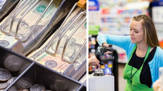 a female checkout worker and a tray of cash
