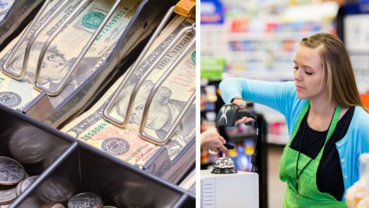 a female checkout worker and a tray of cash