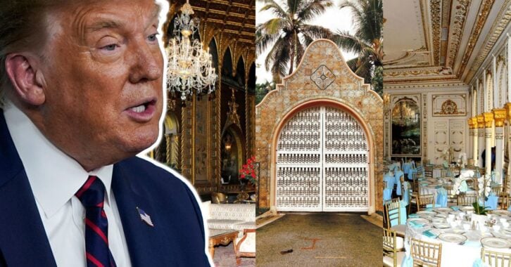 A cutout of former President Donald Trump over three Mar a Lago photos shot both indoors and outdoors.
