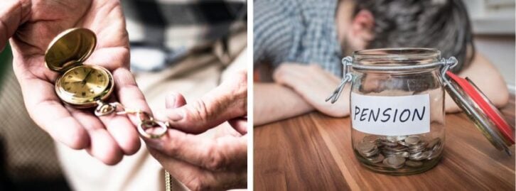 A pair of hands hold a pocket watch, a man holds his head in his arms behind a jar