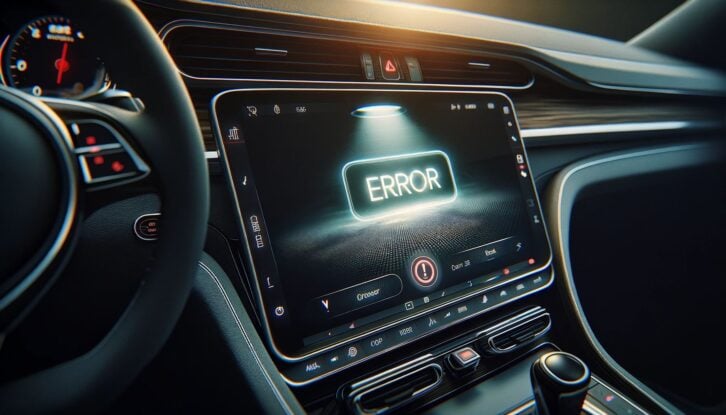 AI-generated image of a car's touchscreen with an error sign