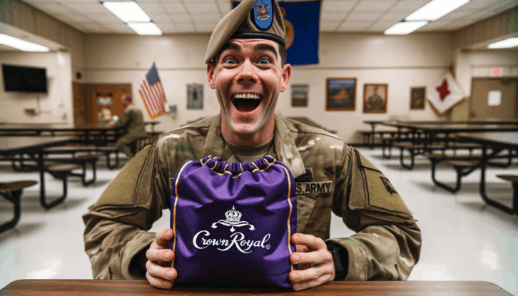 army soldier receiving a care package from crown royal
