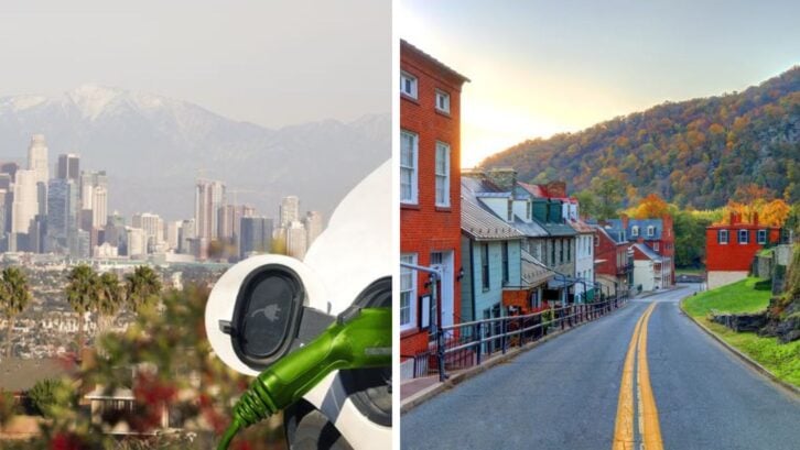 A view of the Los Angeles skyline with an plug-in electric vehicle in the foreground. Next to an image of an empty road in West Virginia.