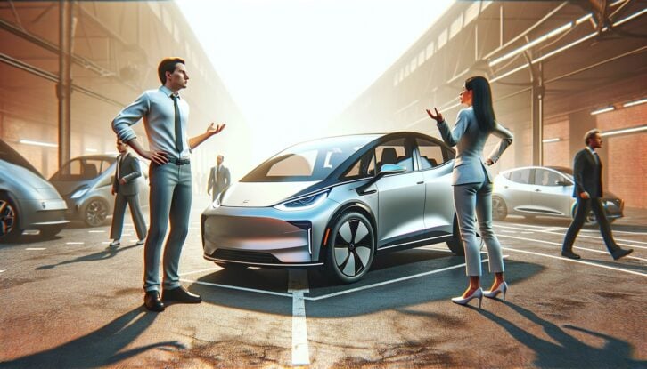 AI-generated image of an electric vehicle surrounded by confused people