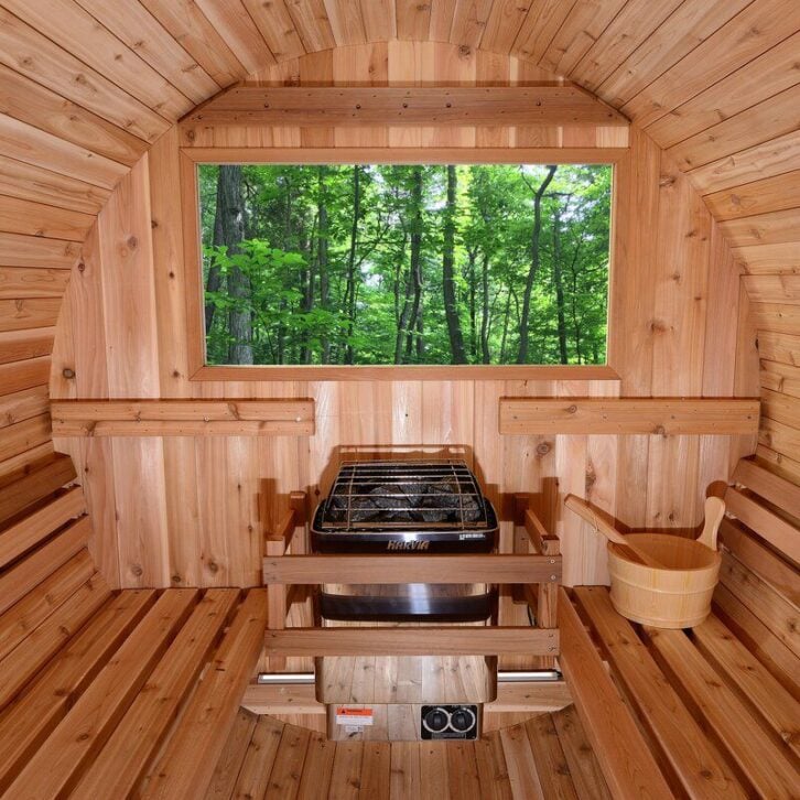 Almost Heaven Pinnacle Cedar 4-Person Electric Barrel Sauna with Vista Window.