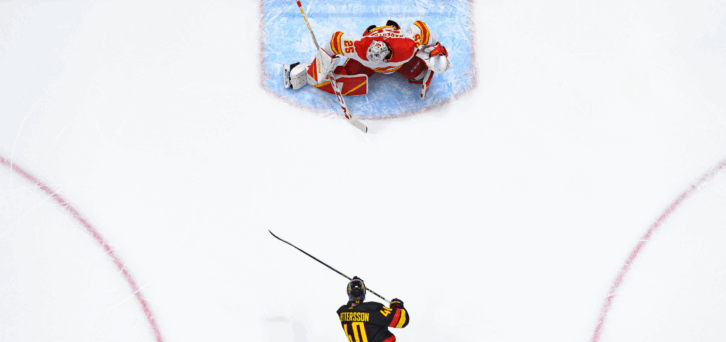Elias Pettersson #40 of the Vancouver Canucks scores a goal on Jacob Markstrom #25 of the Calgary Flames during the first period of their NHL game at Rogers Arena on April 8, 2023 in Vancouver, British Columbia, Canada