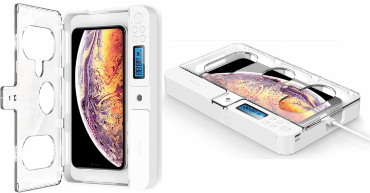 Two product photos side by side different angles of smartphone lockbox from iDiskk